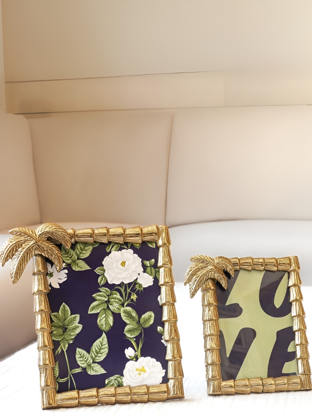 

BEHOMA Golden Antique Metal Table-Top Palm Tree Design Photo Frame, Gold