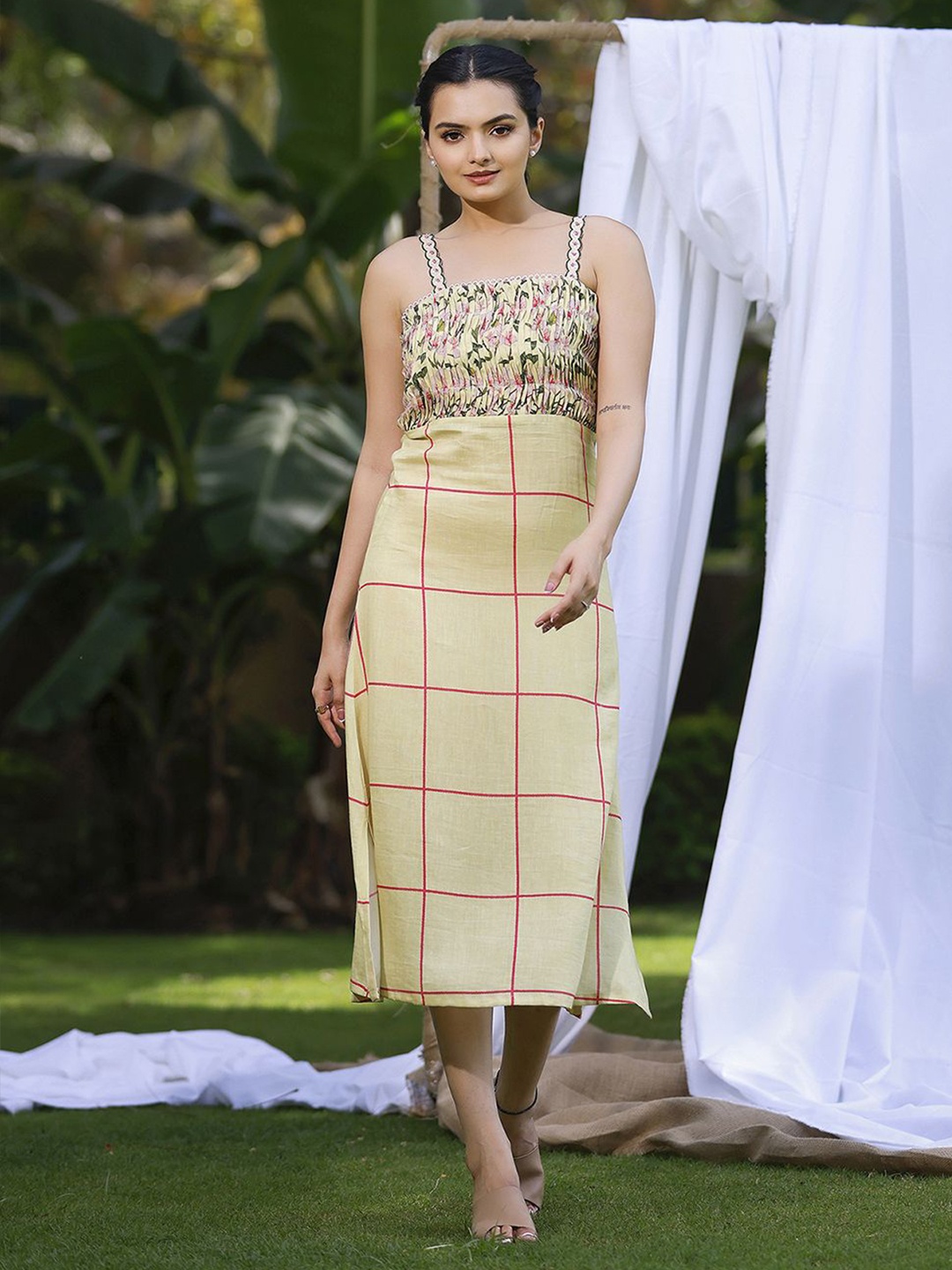 

SUKRUTI DESIGN Jasmine Cherry Blossom Printed Sheath Dress, Yellow