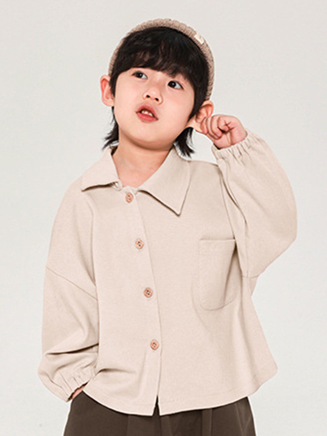 

LULU & SKY Boys Oversized Fit Spread Collar Solid Organic Cotton Casual Shirt, Beige