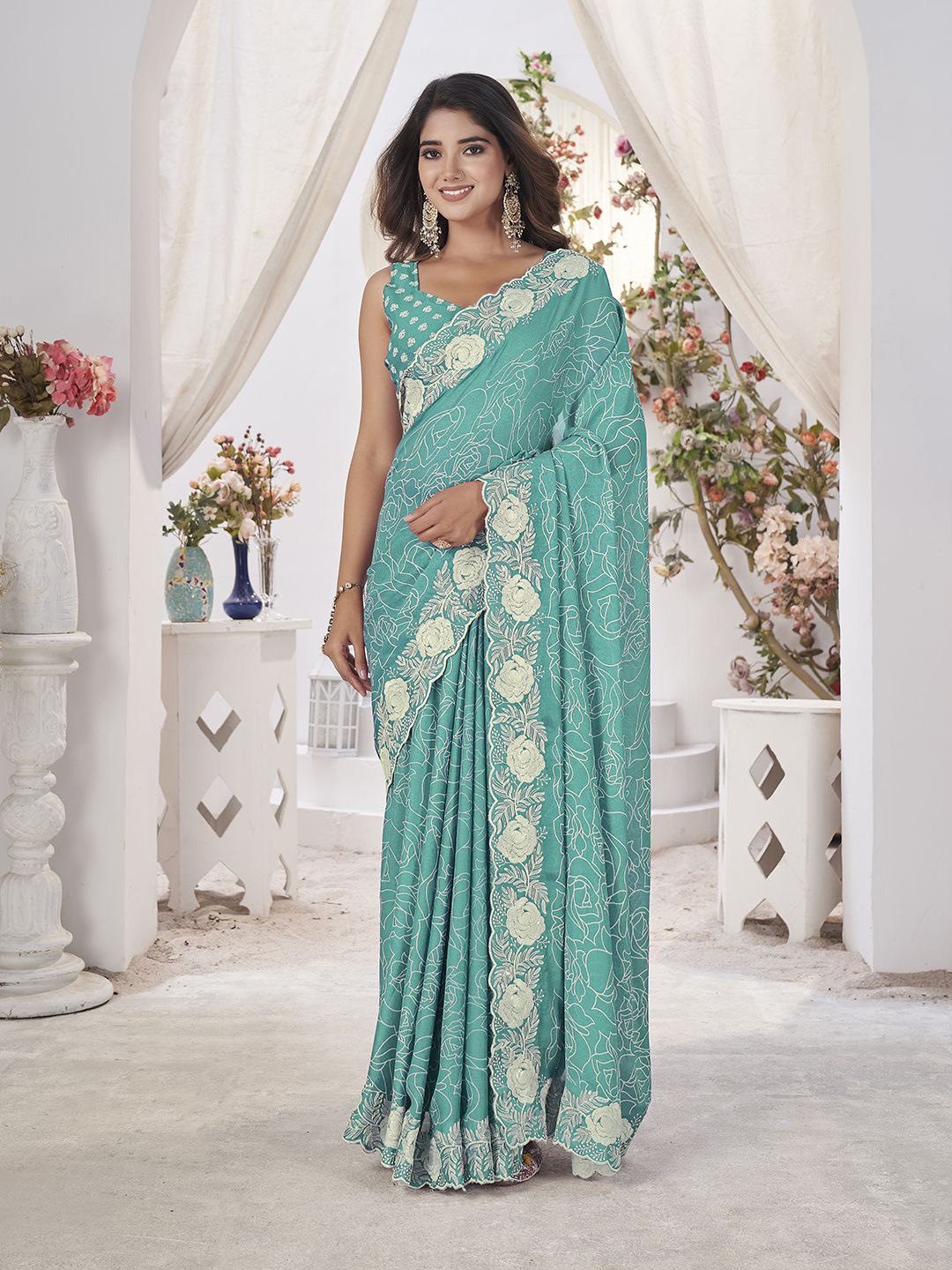 

Mitera Embroidered Designer Abstract Printed Saree, Blue