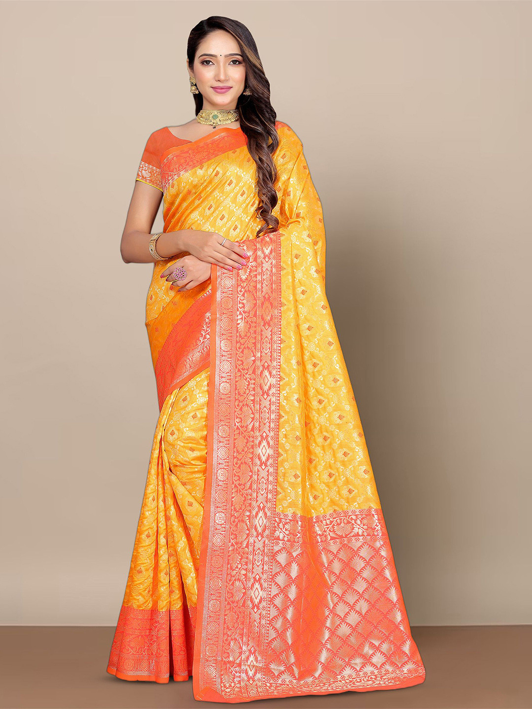 

Bigben textile Woven Design Zari Banarasi Saree, Yellow