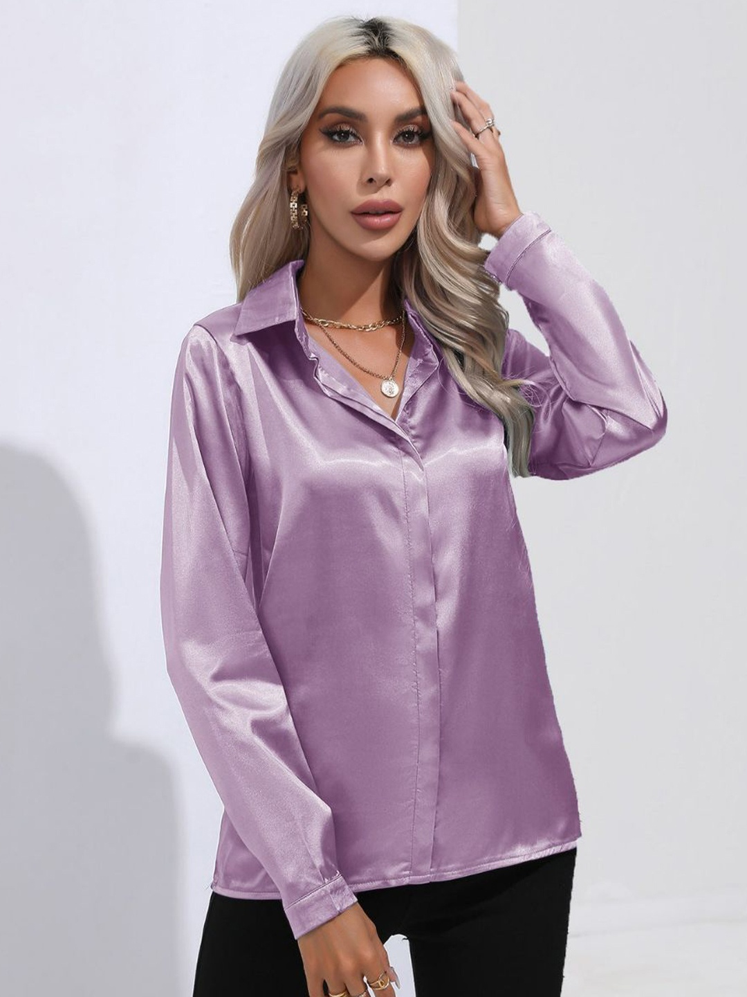 

Oh Rare Women Spread Collar Solid Casual Shirt, Lavender