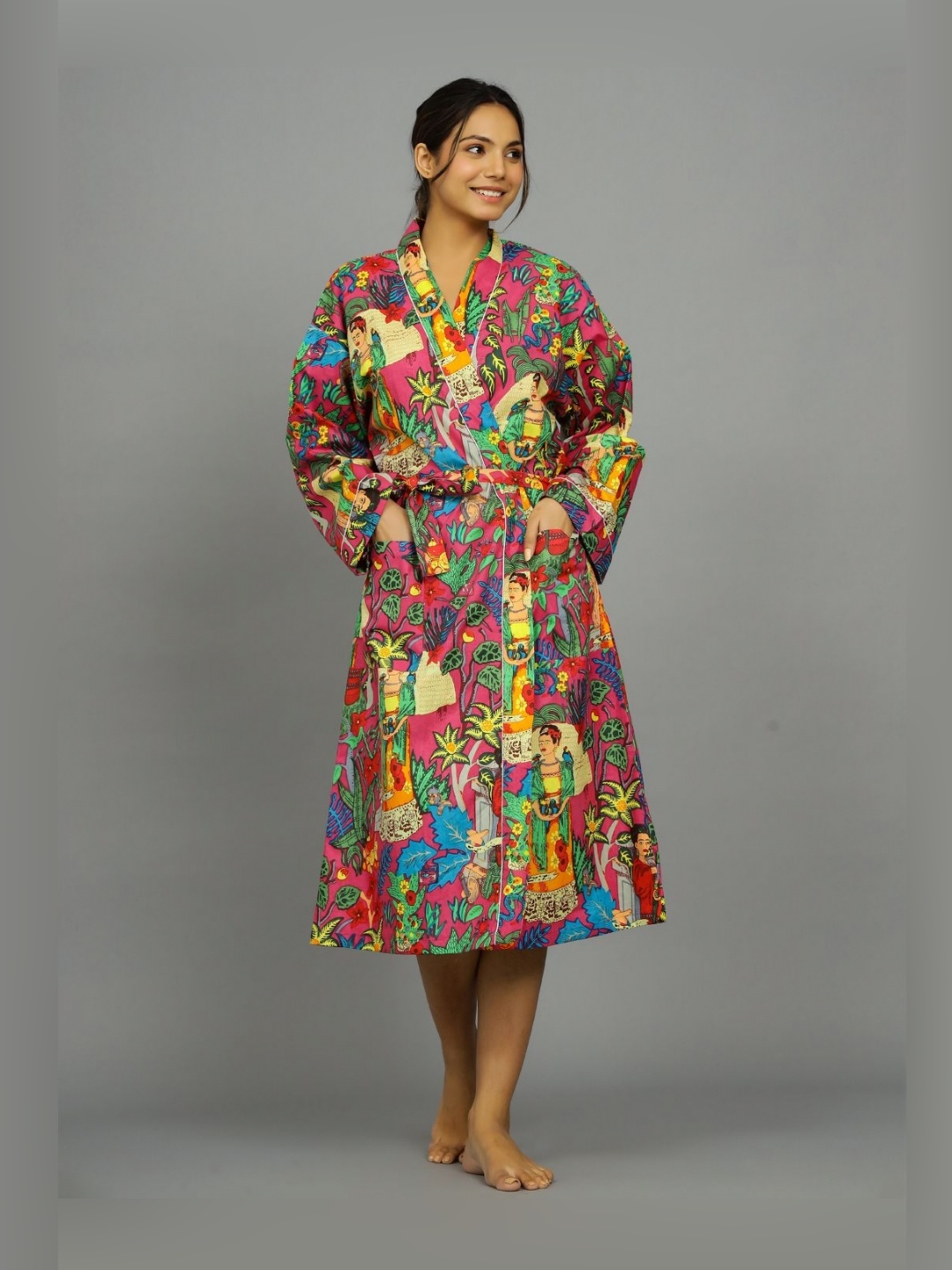 

HANDICRAFT PALACE Pink & Yellow Floral Printed Pure Cotton Bath Robe With Belt