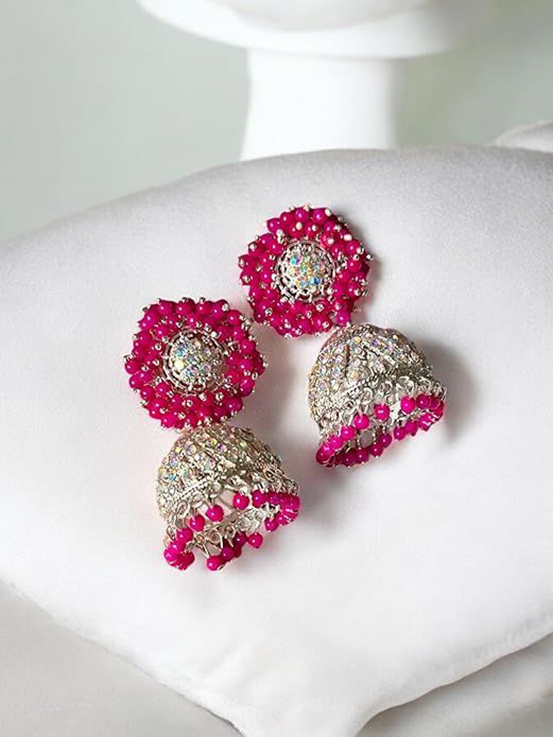 

JMBW INTERNATIONAL Sterling Silver-Plated Artificial Stones and Beads Dome Shaped Jhumkas, Pink