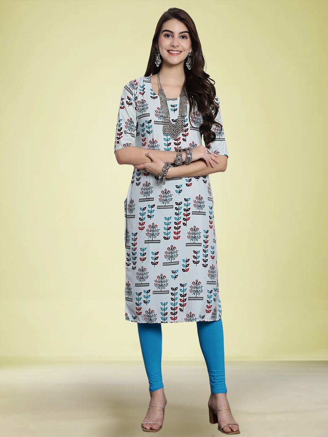 

Moda Rapido Floral Printed Round Neck Straight Kurta, White