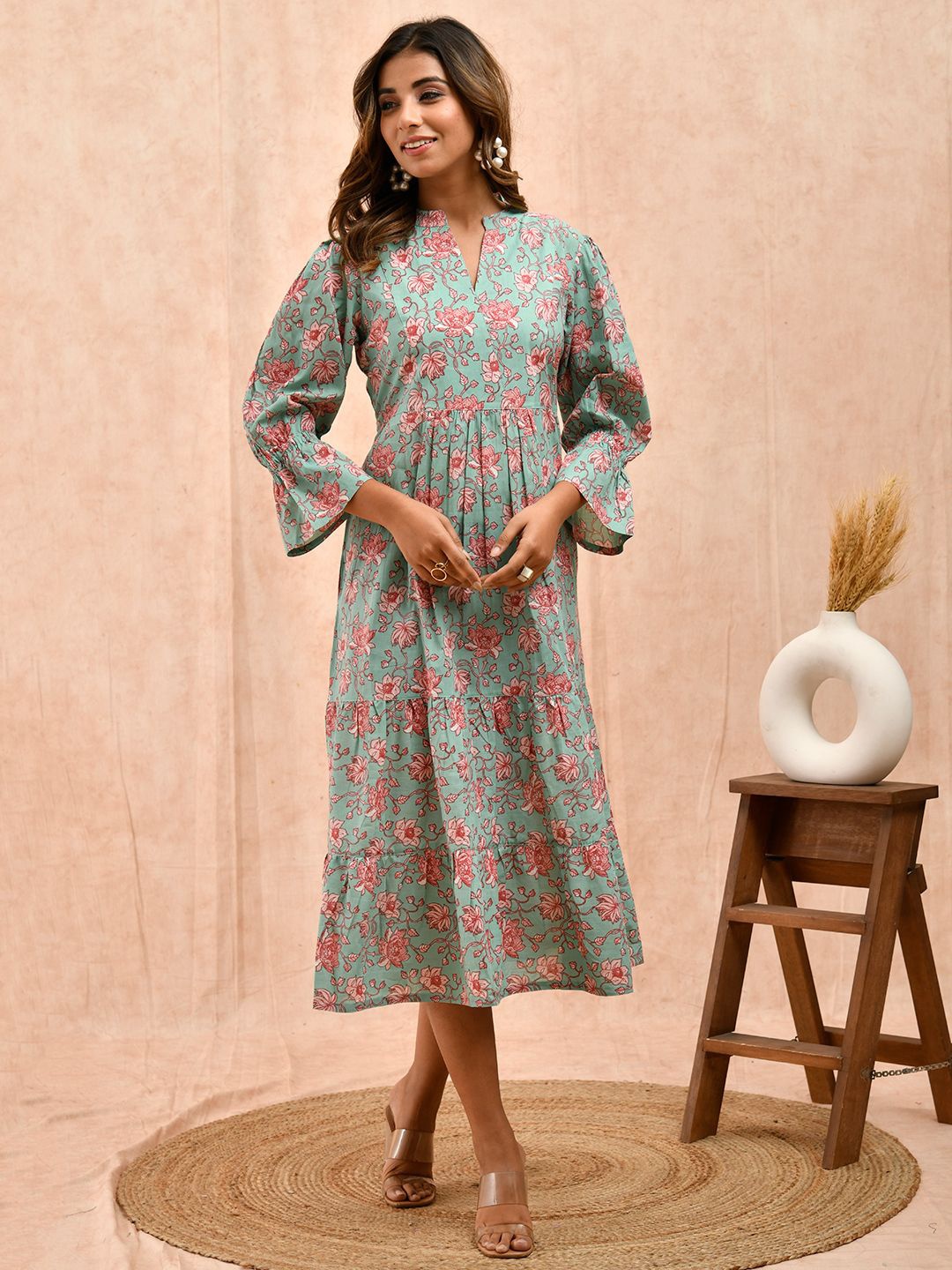 

Eco Clothing Floral Print Bell Sleeve Fit & Flare Midi Dress, Green