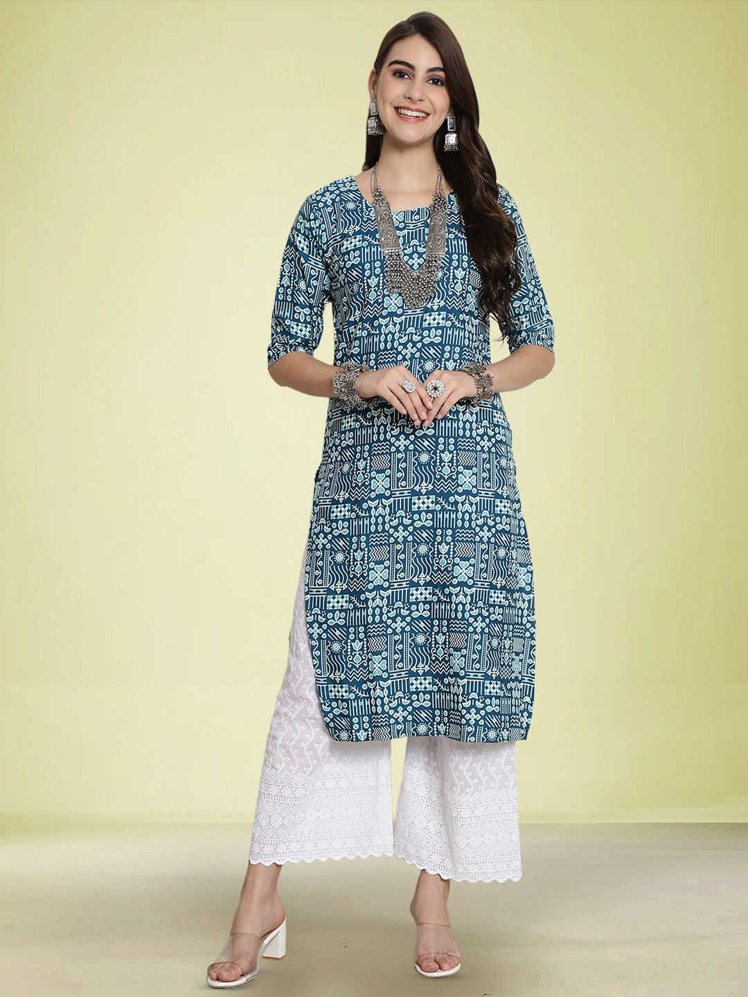 

Moda Rapido Ethnic Motifs Printed Round Neck Straight Kurta, Blue