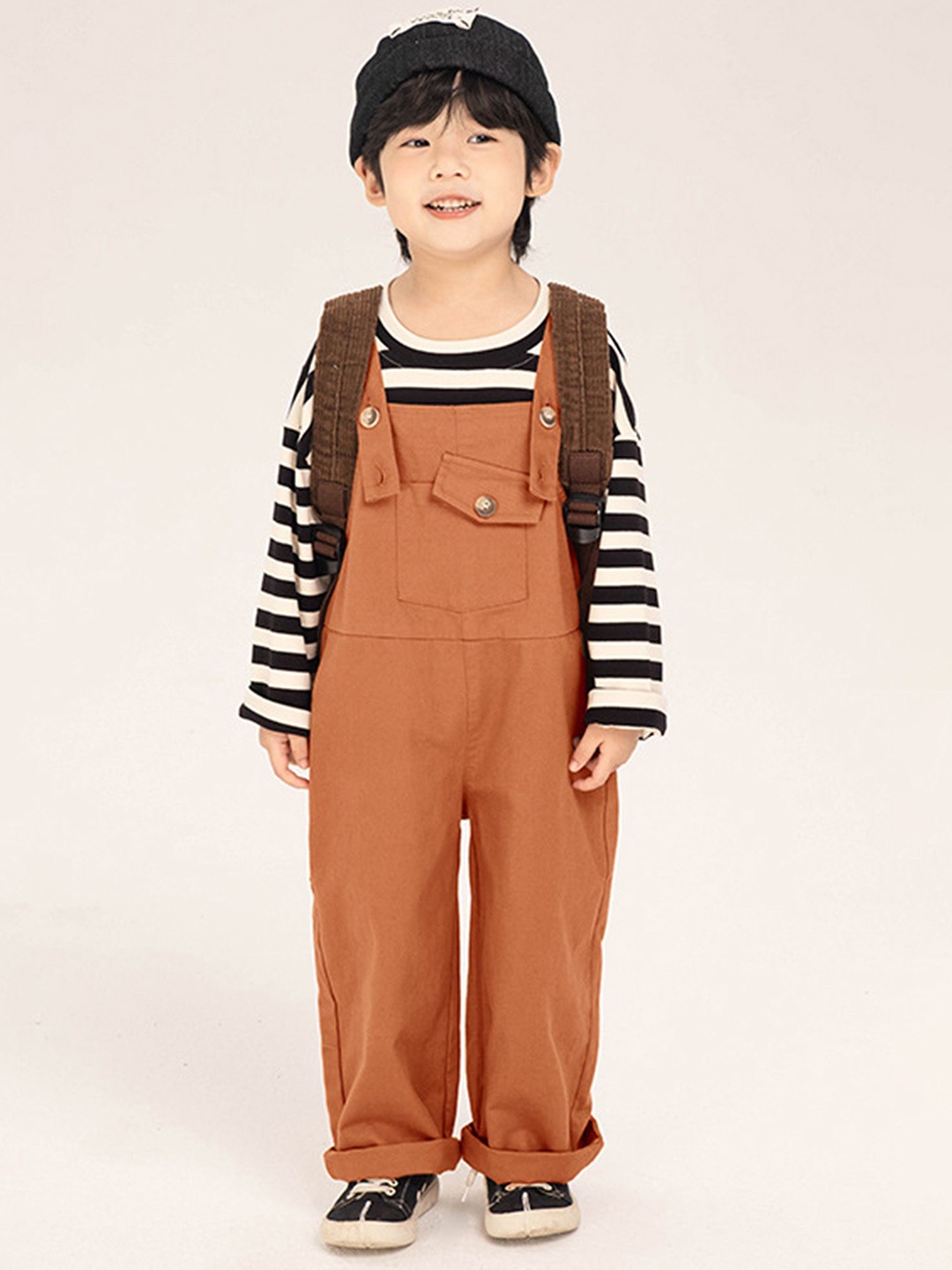 

LULU & SKY Boys Strappy Tapered-Leg Dungaree, Brown