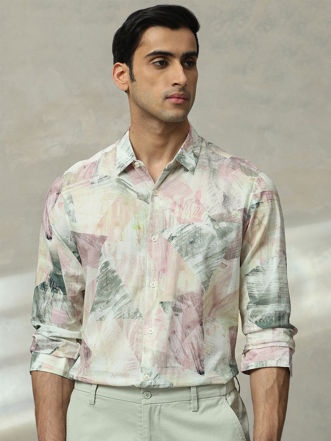 

Mufti Men Slim Fit Spread Collar Abstract Printed Cotton Casual Shirt, Pink