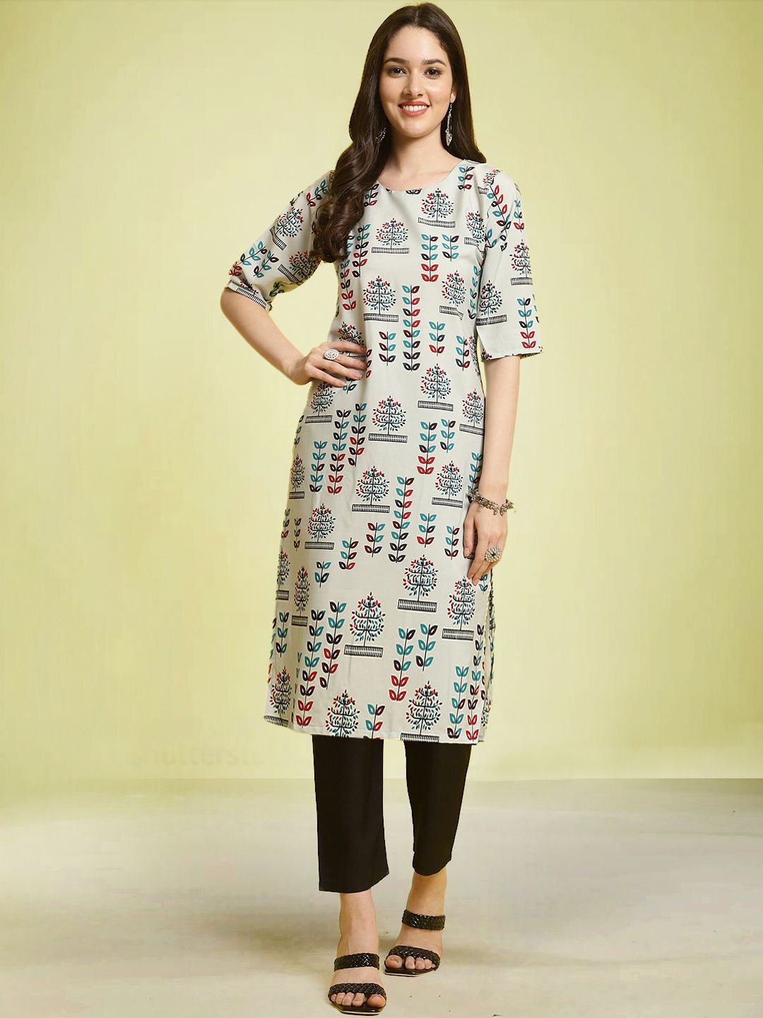 

Moda Rapido Floral Printed Round Neck Straight Kurta with Trouser, Grey
