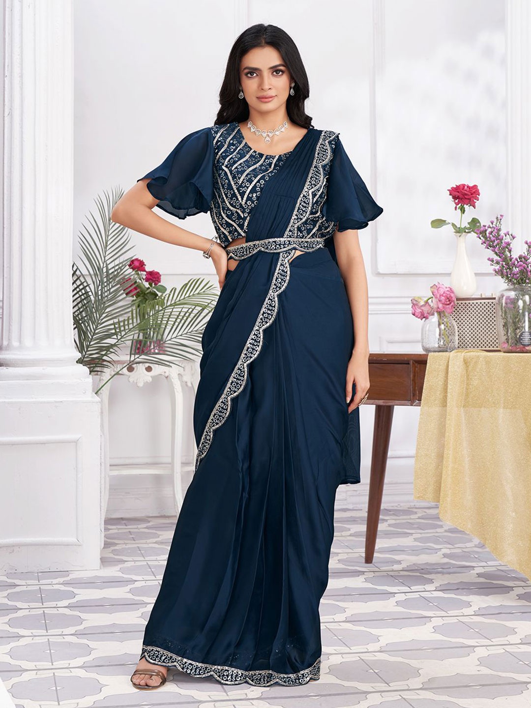 

Krimmple Mukaish Ready to Wear Satin Saree, Blue