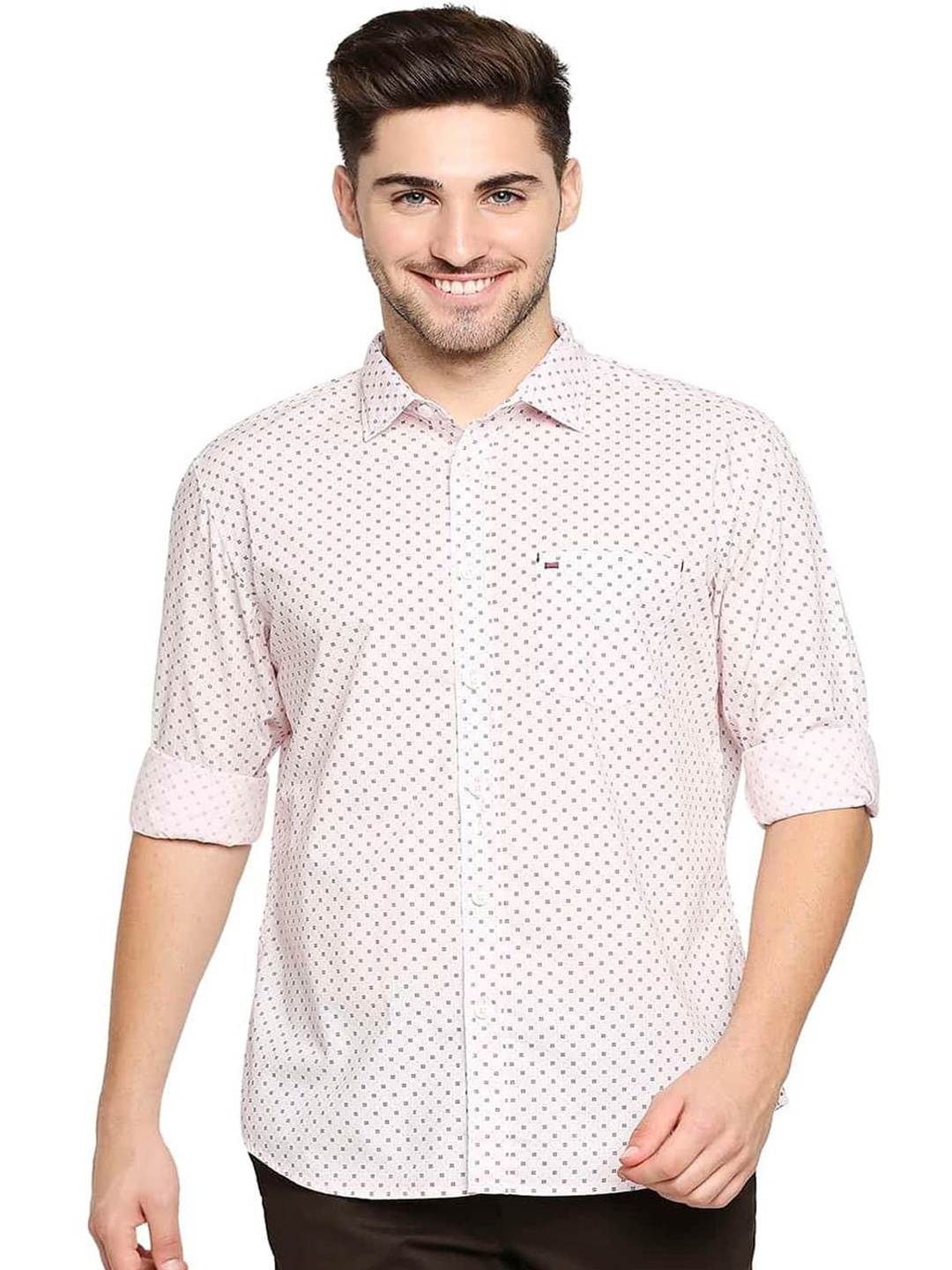 

Basics Men Slim Fit Spread Collar Geometric Printed Cotton Casual Shirt, Pink