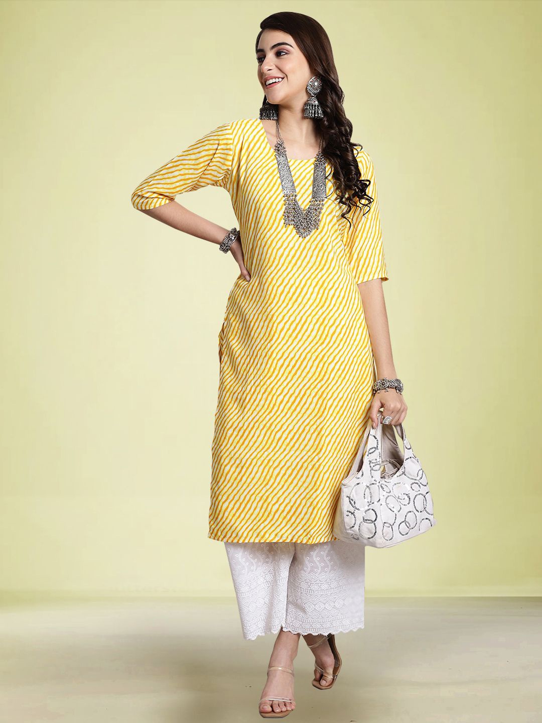 

Moda Rapido Women Leheriya Printed Straight Kurta, Yellow