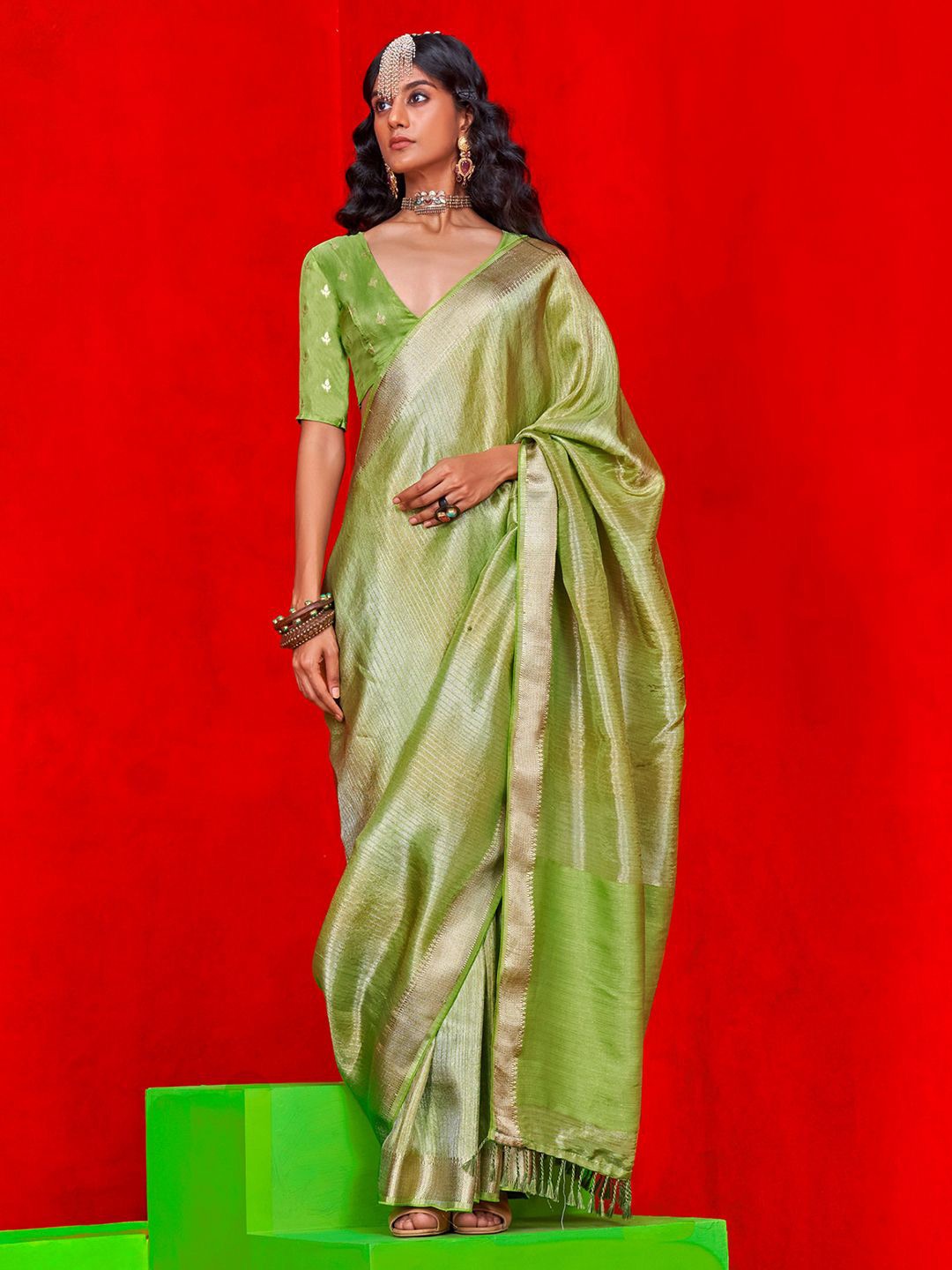 

Mitera Woven Design Zari Banarasi Saree, Green