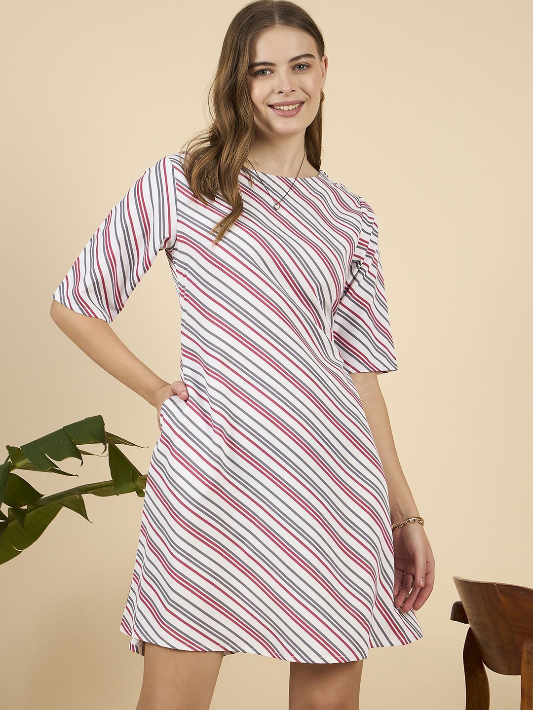 

Mast & Harbour Women Striped A-Line Mini Dress, White