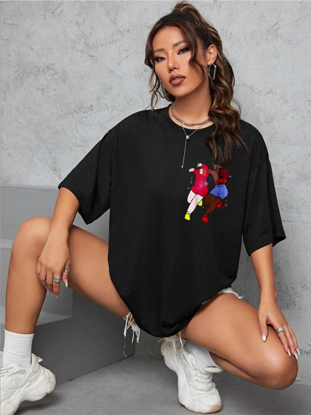 

DressBerry Women Typography Drop-Shoulder Sleeves Applique T-shirt, Black