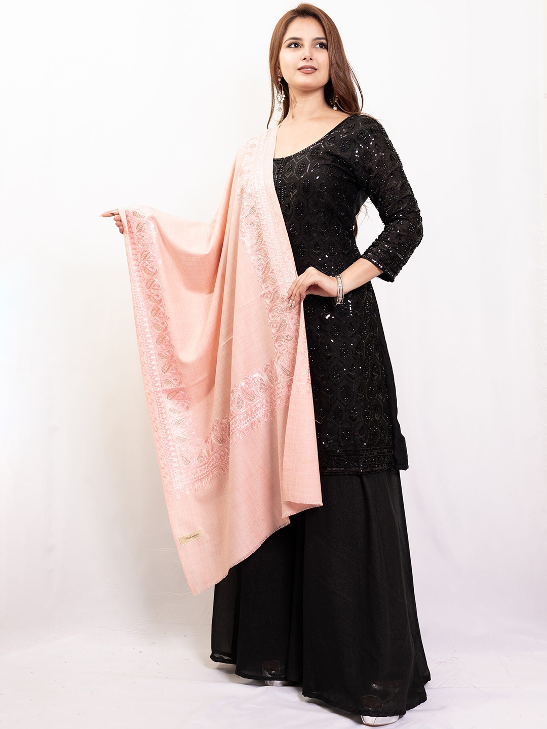 

PASHGIRI Ethnic Motifs Embroidered Shawl, Pink