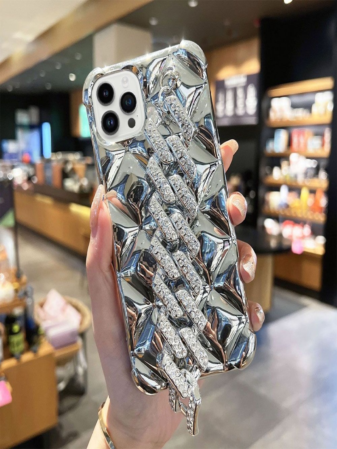 

Luxury Kase Plating Rhombus Metal Bracelet Chain iPhone 13 Pro Back Case, Silver