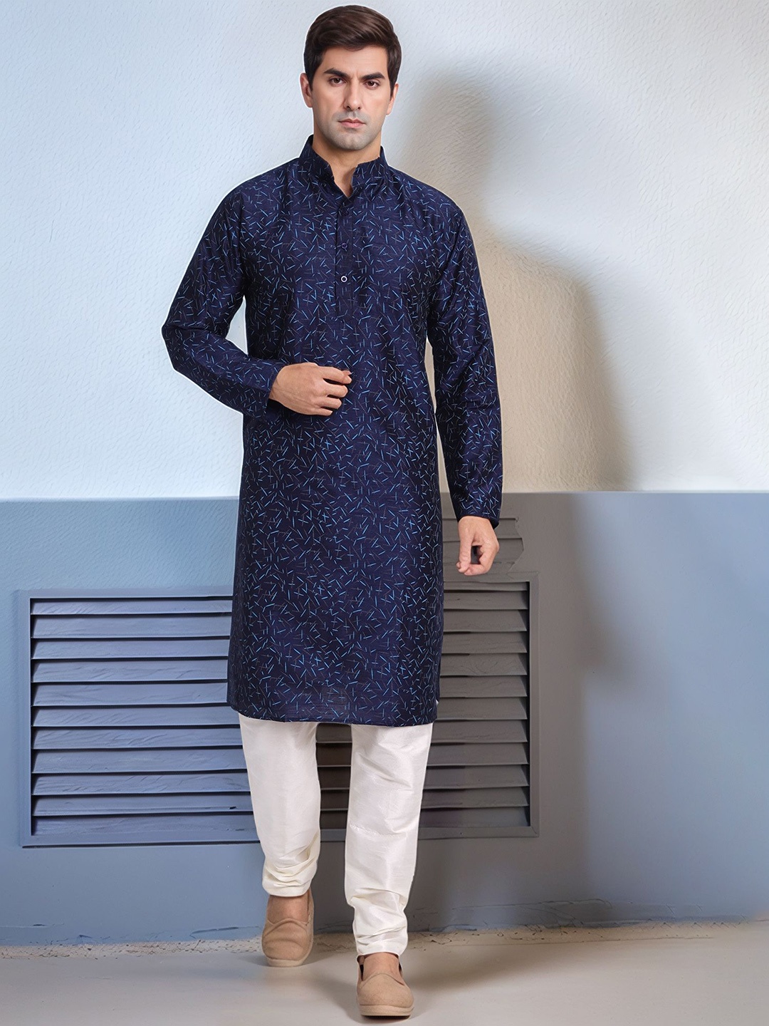 

Moda Rapido Geometric Printed Mandarin Collar Pure Cotton Kurta With Pyjama, Blue
