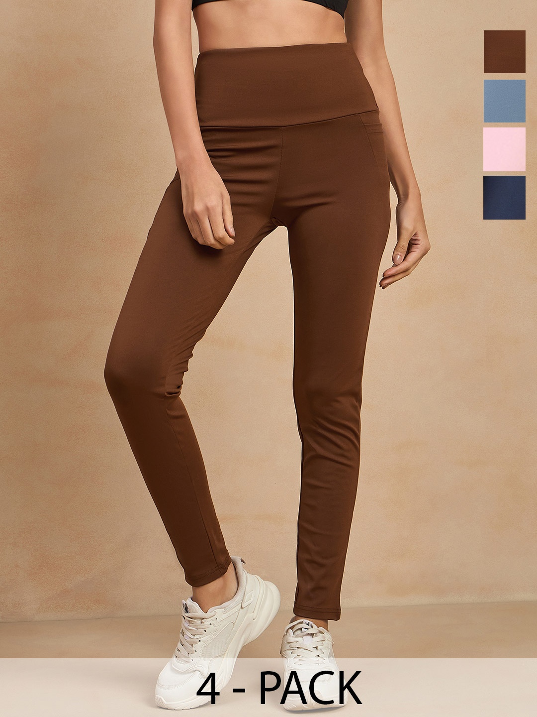 

COLOR CAPITAL Women Pack of 4 Skin Fit Antimicrobial Gym Tights, Camel brown