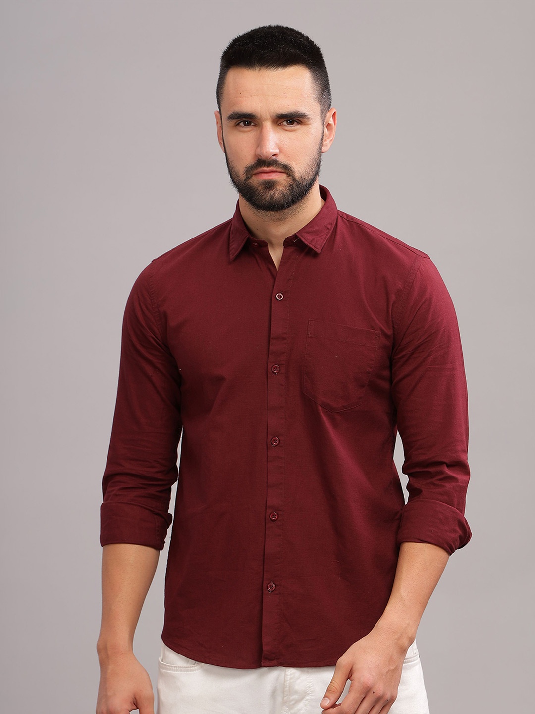 

BS BLUE SQUAD Men India Slim Fit Spread Collar Solid Casual Shirt, Maroon