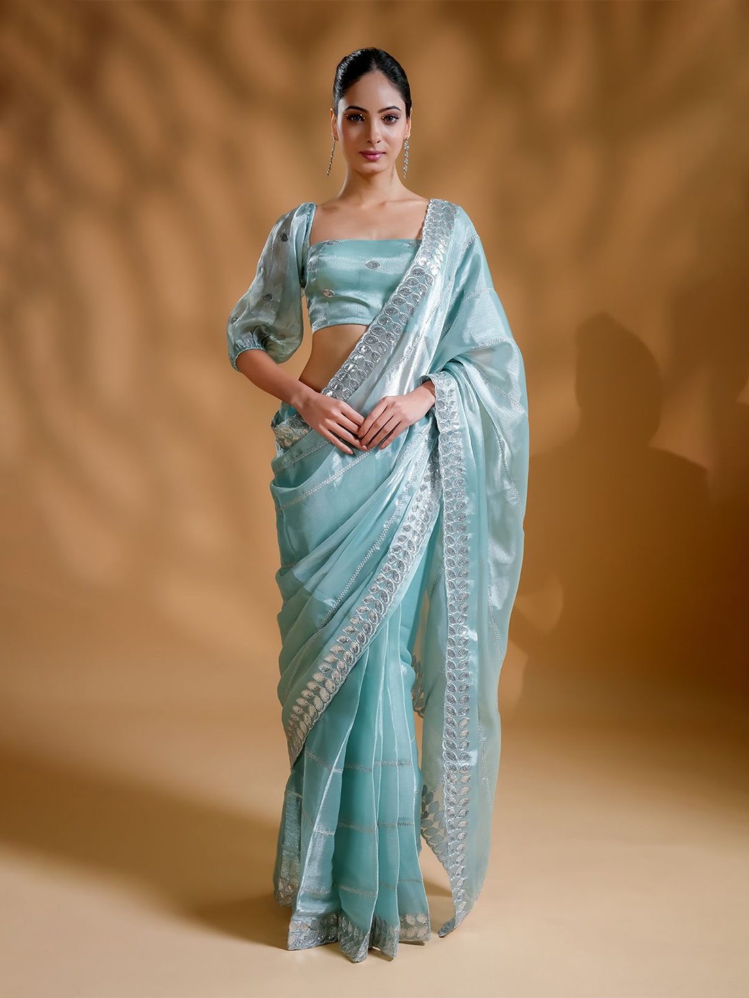 

HANDME Embroidered Ready to Wear Saree, Blue
