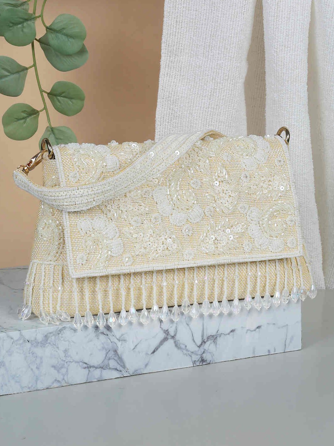 

Metro Embroidered Foldover Clutch, Beige