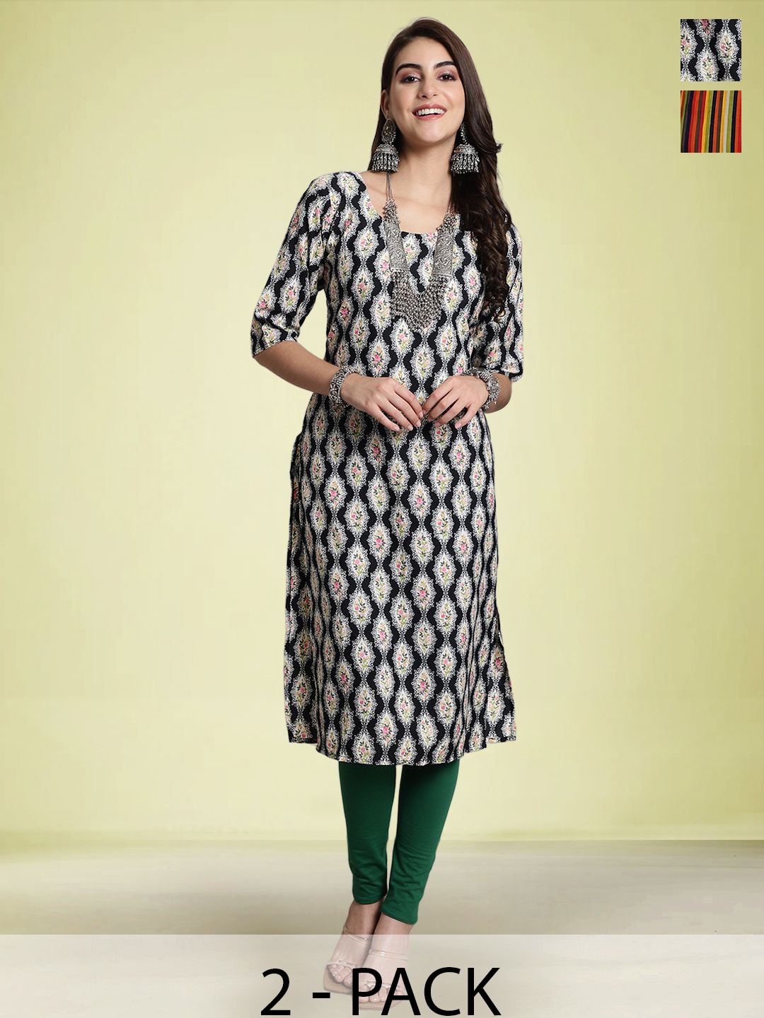 

Moda Rapido Selection Of 2 Floral Printed Round Neck Straight Kurta, Black