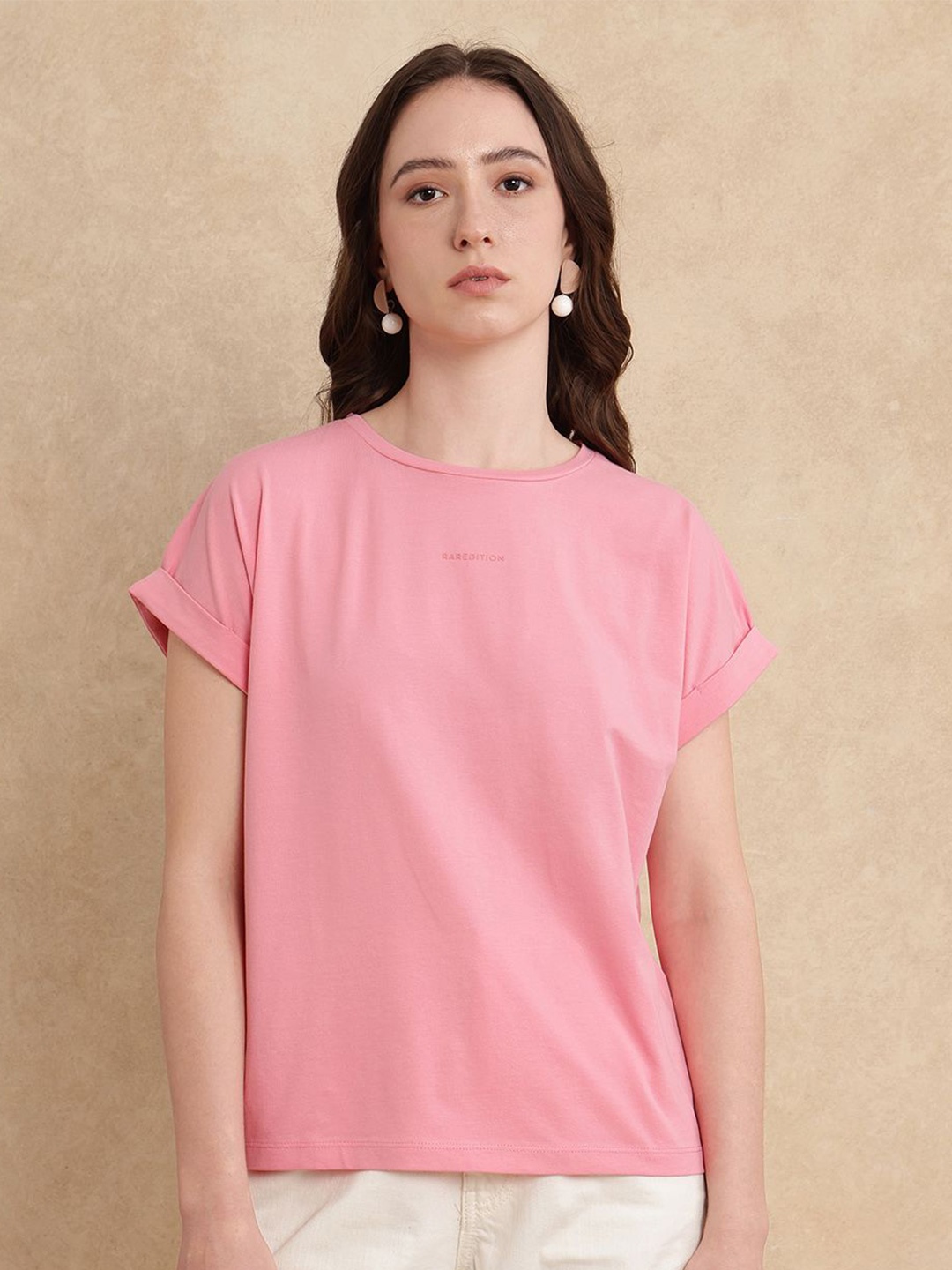 

RAREISM Women Solid Round Neck Cotton Relaxed Fit T-shirt, Pink