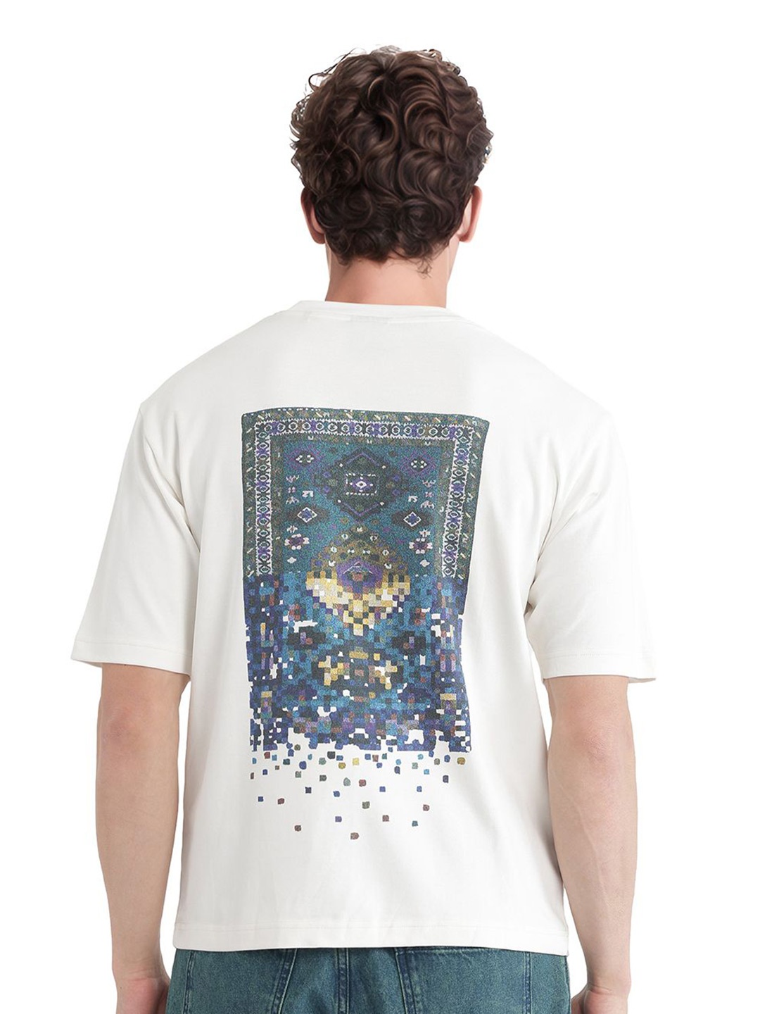 

RARE RABBIT Men Graphic Printed Round Neck Cotton Oversized T-shirt, Off white