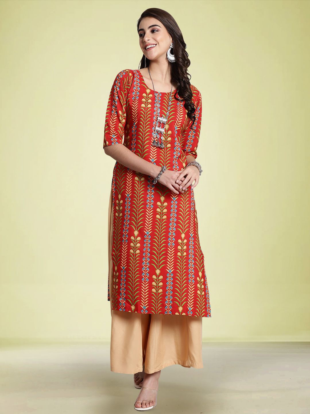 

Moda Rapido Floral Printed Round Neck Straight Kurta, Red