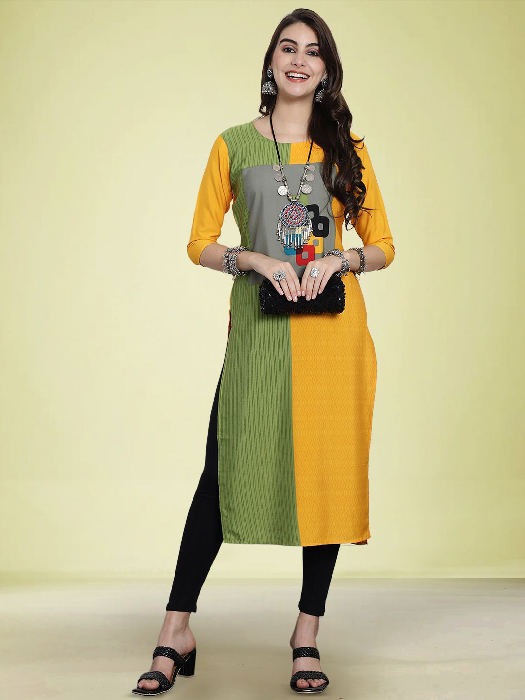 

Moda Rapido Geometric Printed Round Neck Straight Kurta, Yellow
