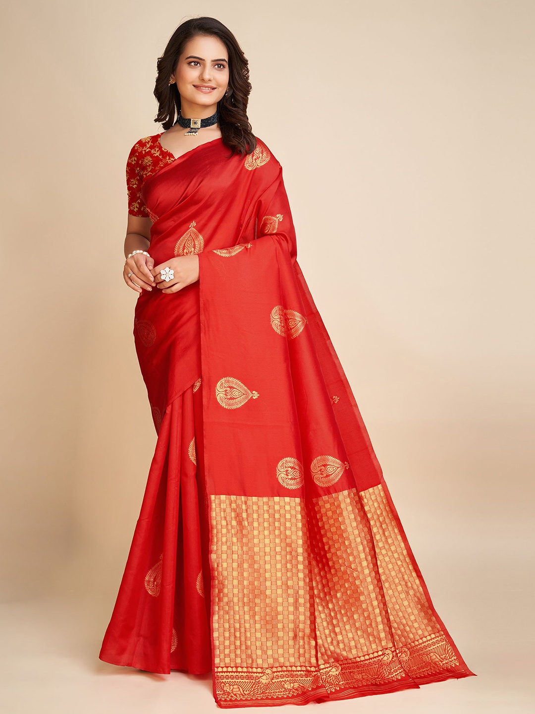 

bigben textile Ethnic Motifs Zari Banarasi Saree, Red