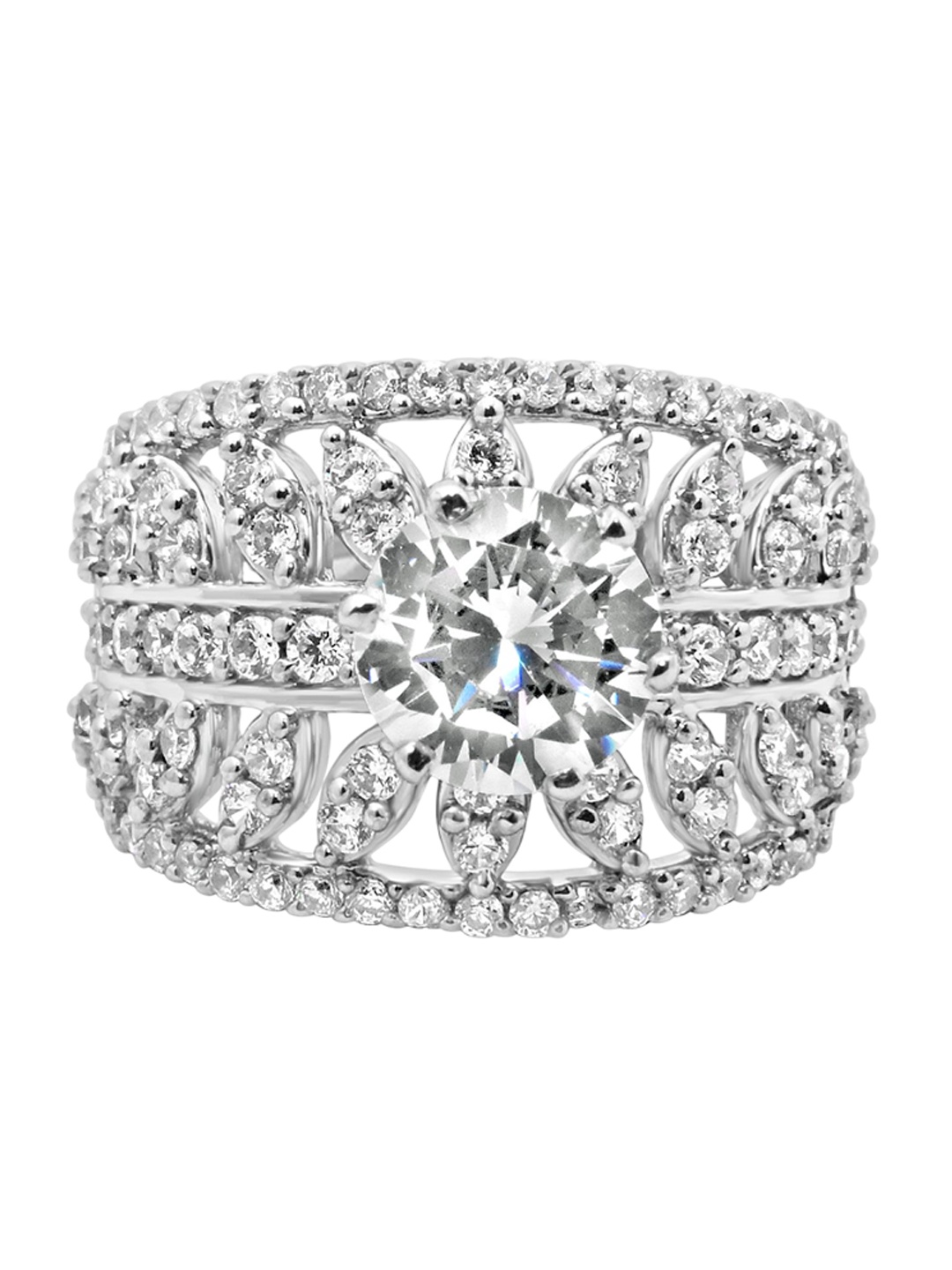

925 SILLER 925 Sterling Silver Rhodium-Plated Cubic Zirconia-Studded Finger Ring