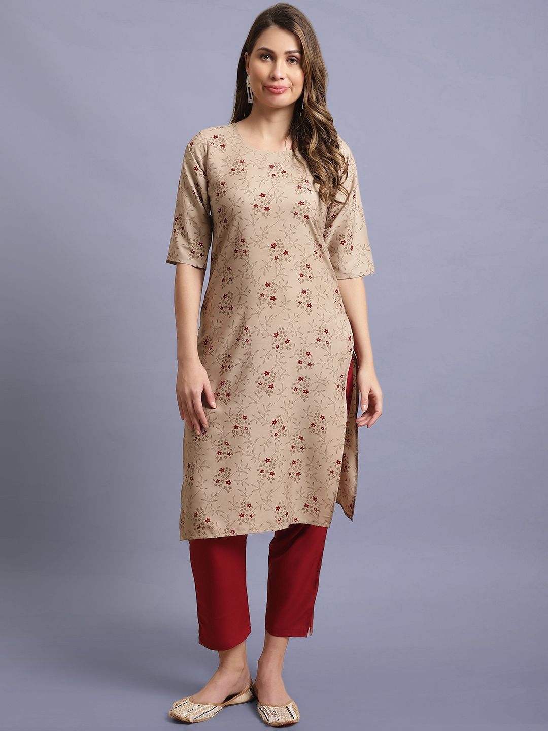 

Moda Rapido Floral Printed Round Neck Straight Kurta With Trousers, Beige