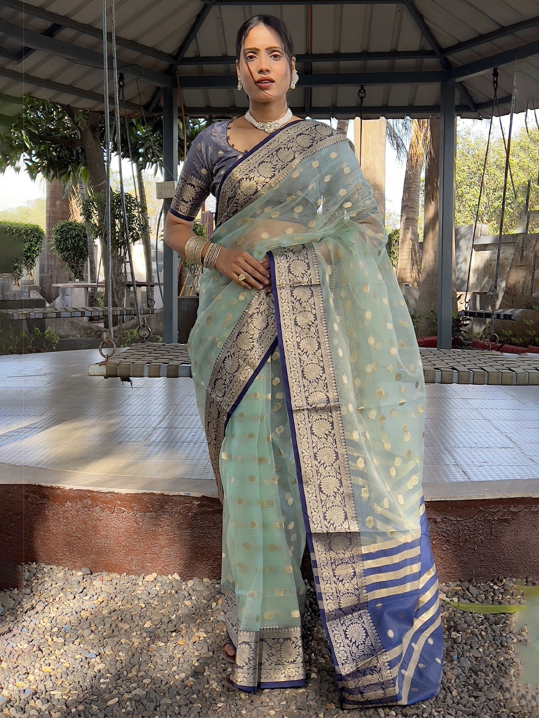 

LADY SHOPI Woven Design Organza Ready to Wear Saree, Navy blue