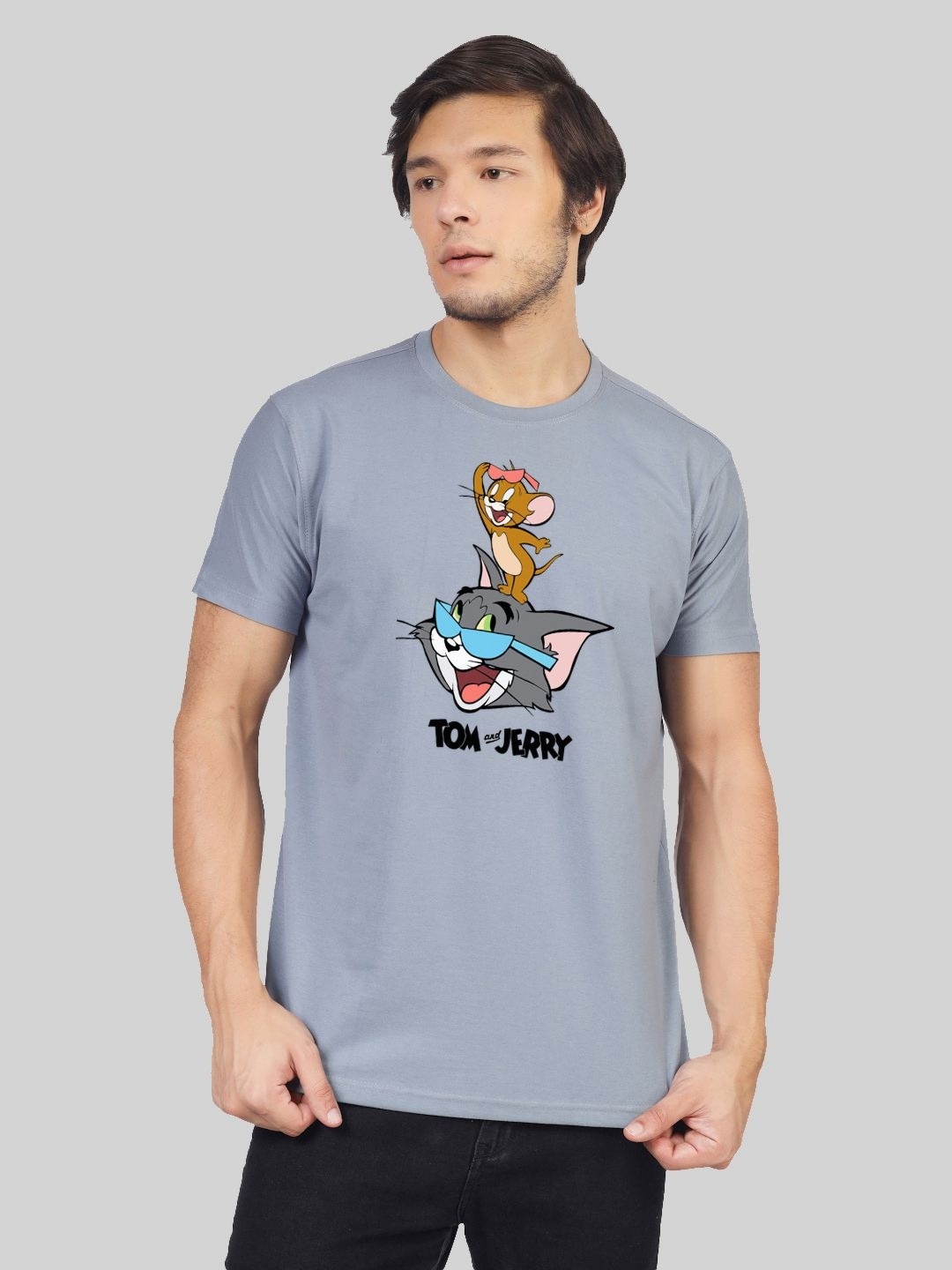 

Greylongg Men Tom & Jerry Graphic Printed Round Neck Cotton T-shirt, Grey