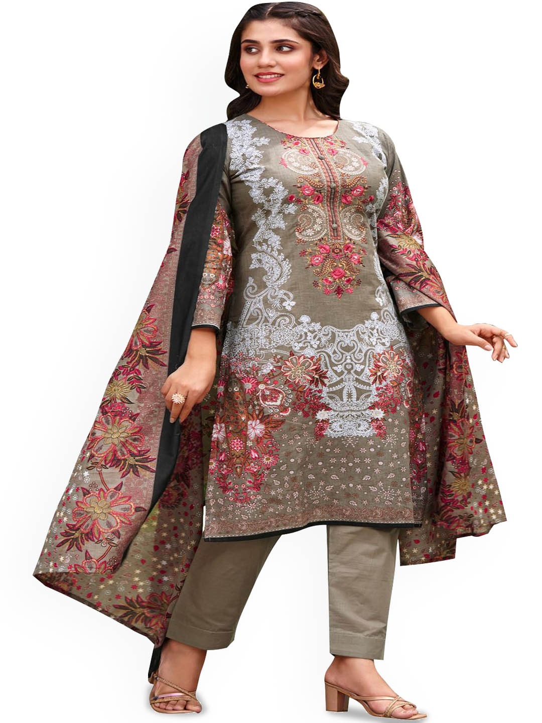 

DRAVINAM Trends Embroidered Pure Cotton Unstitched Dress Material, Grey