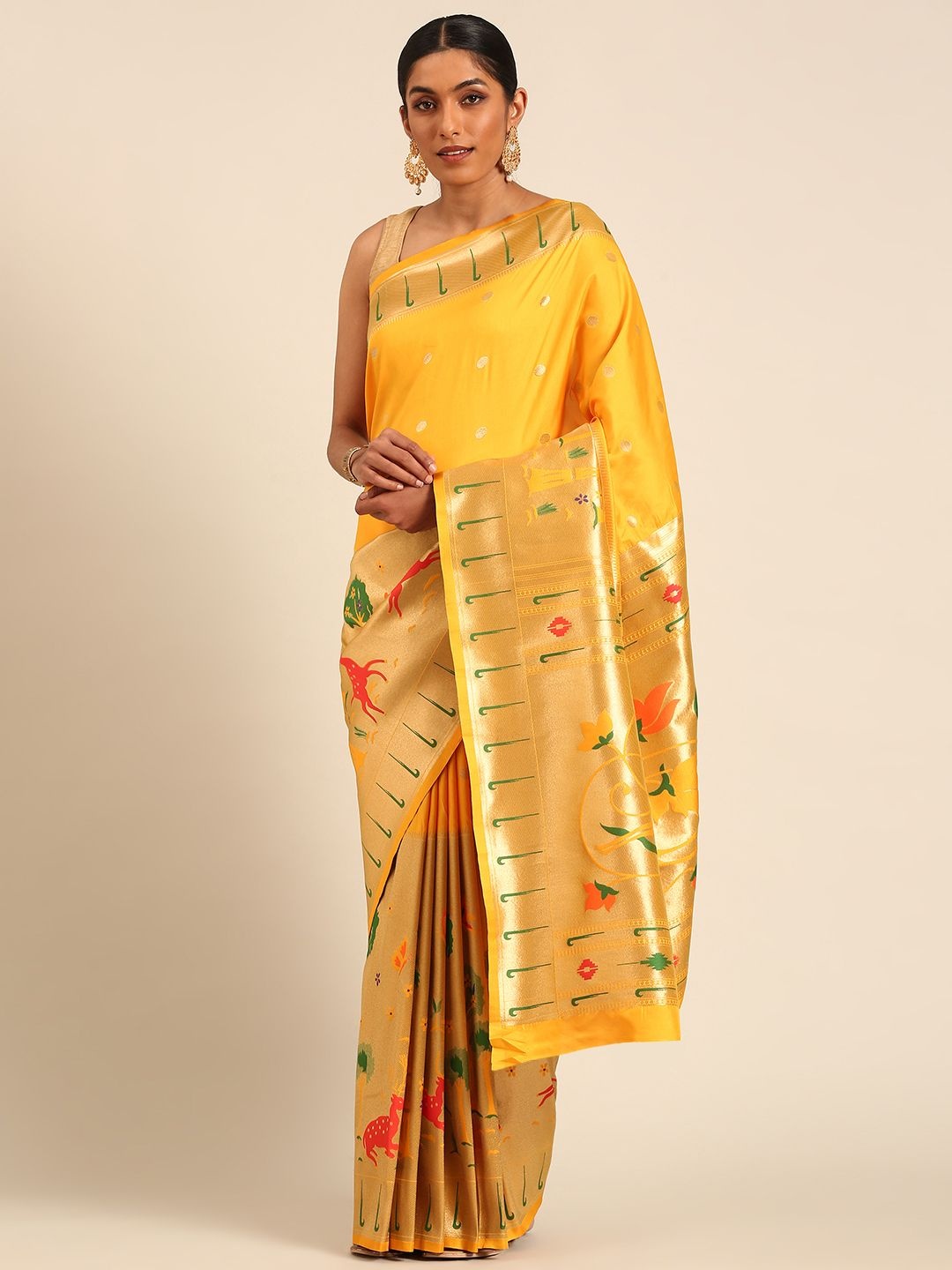 

Panzora Ethnic Motifs Zari Silk Blend Paithani Saree, Yellow