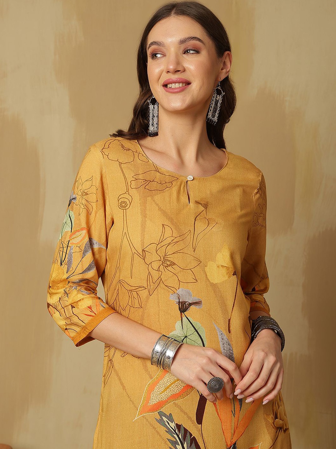 

Anouk Mustard Yellow Floral Printed Keyhole Neck Straight Kurta