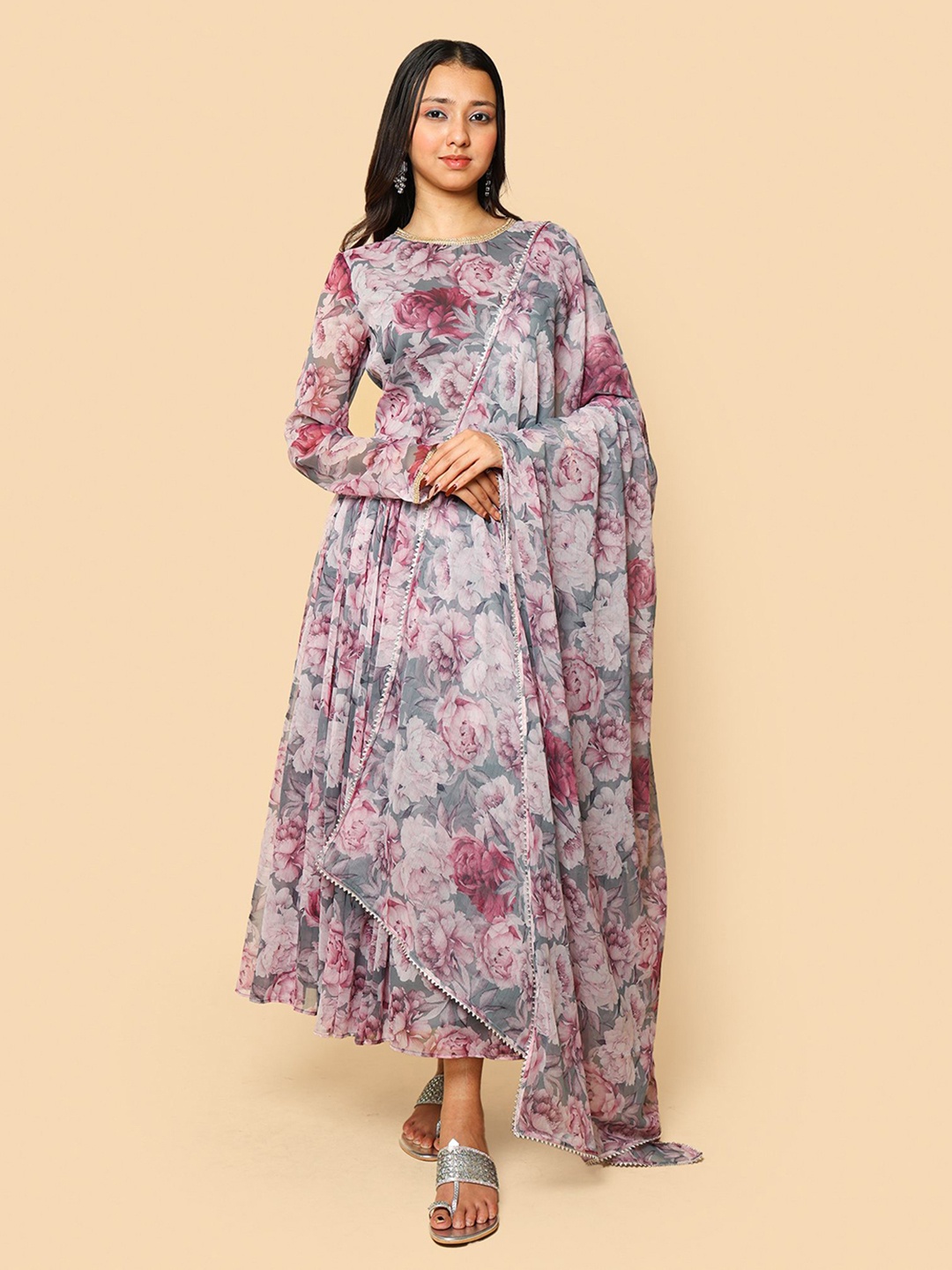 

KELLPAR Floral Print Chiffon Maxi Dress, Grey