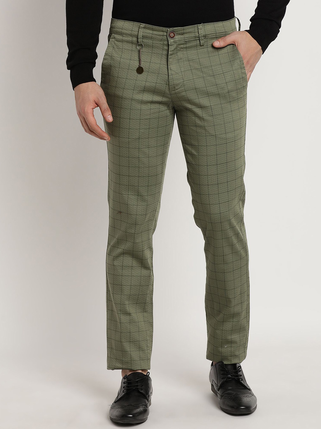 

Turtle Men Checked Relaxed Skinny Fit Cotton Chinos Trouser, Olive