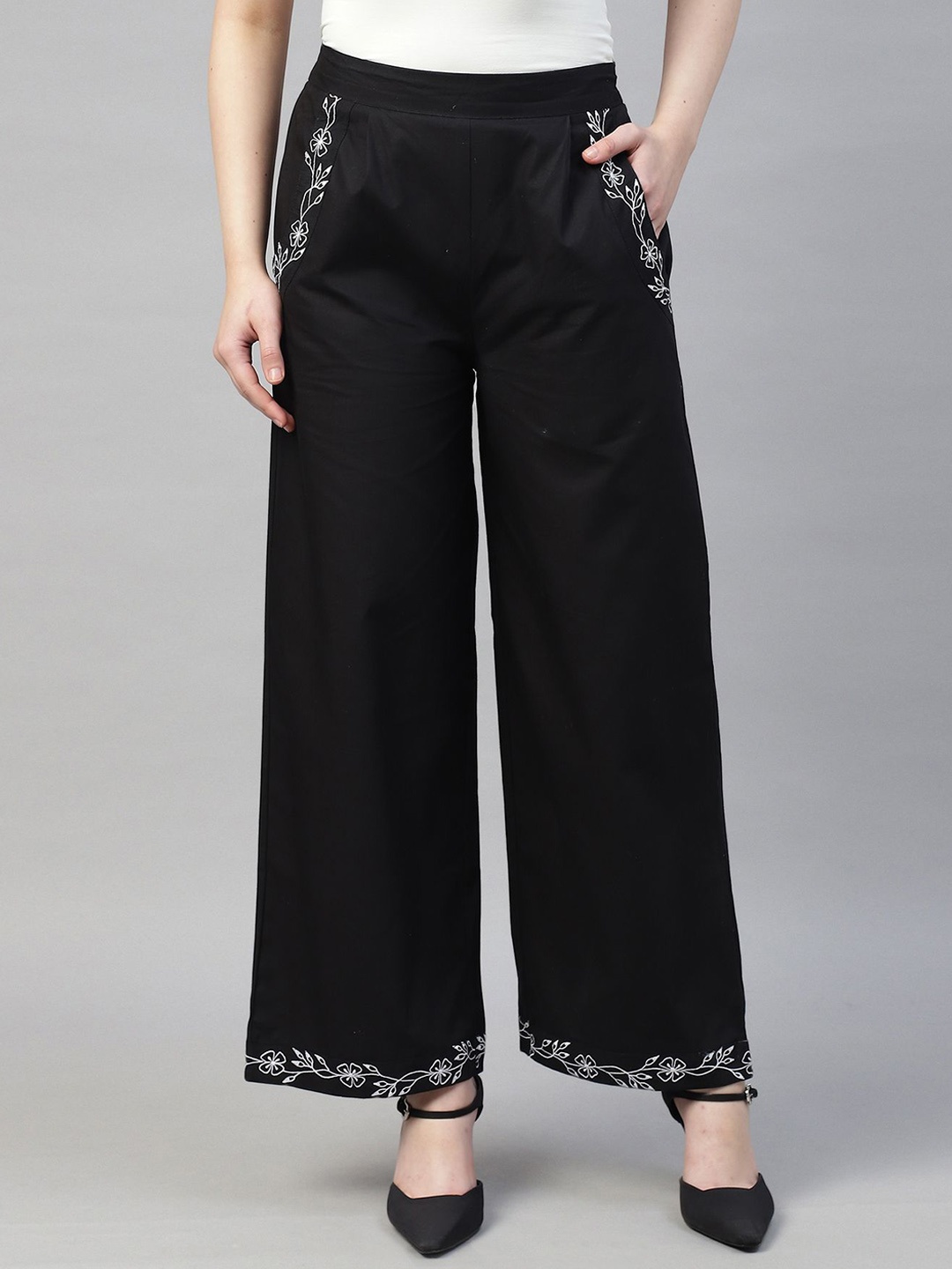 

Sands of India Women Embroidered High-Waist Cotton Parallel Trousers, Black