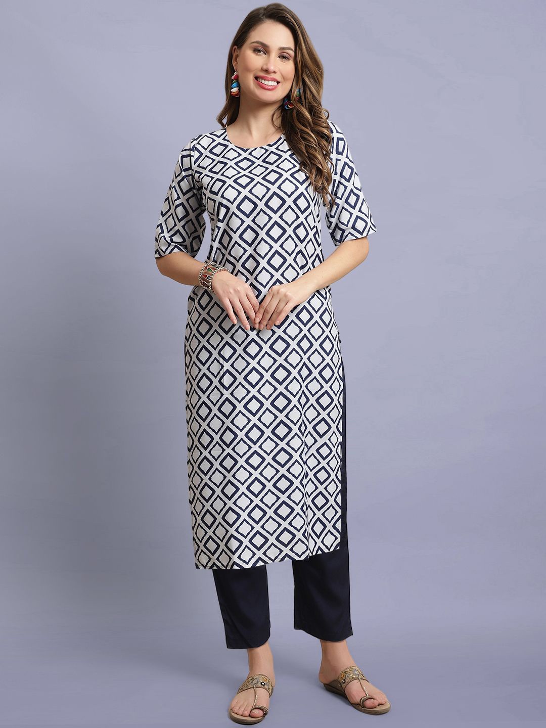 

Moda Rapido Ethnic Motifs Printed Round Neck Straight Kurta With Trousers, White