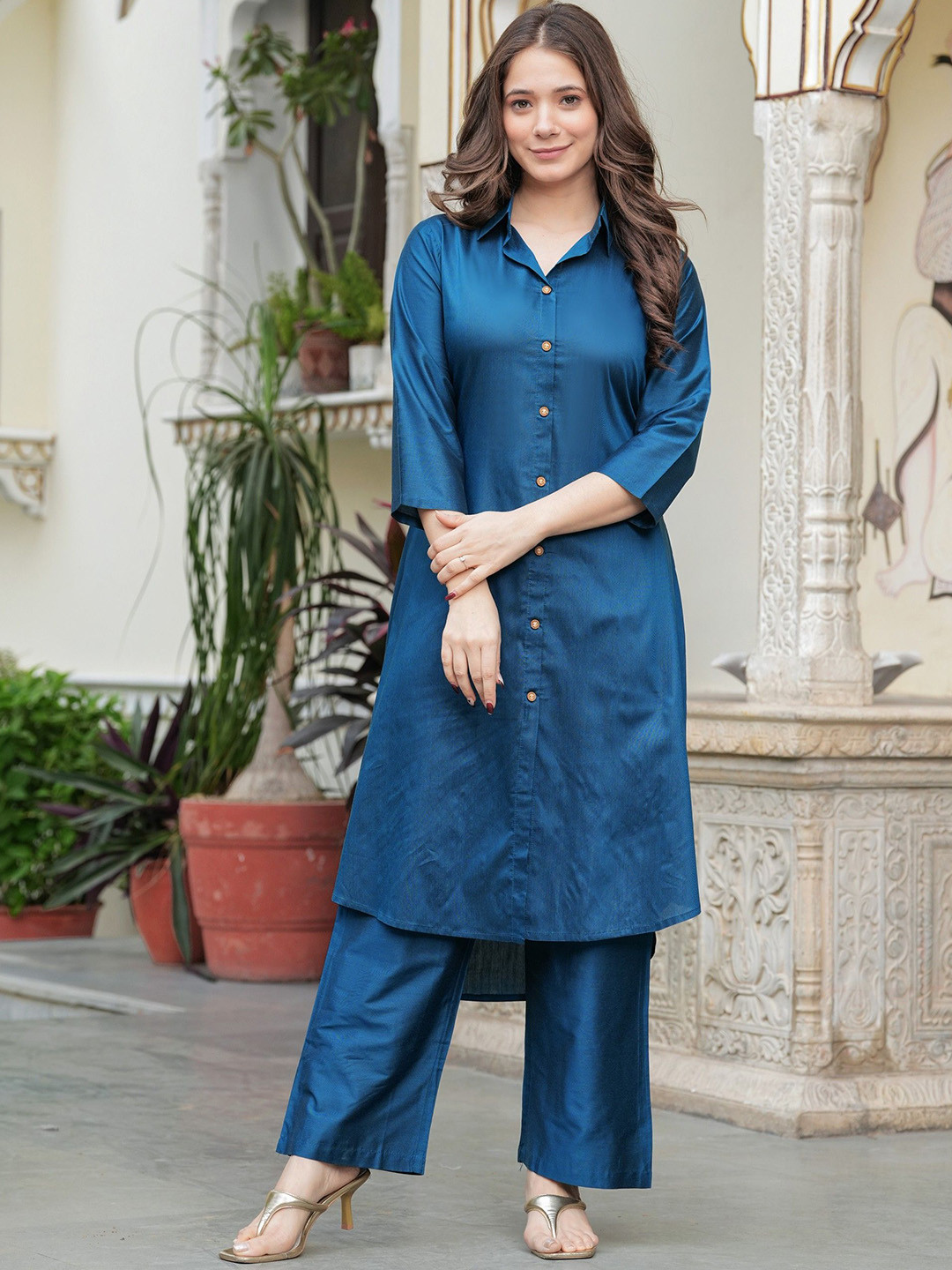 

PINGAKSH Women Regular Pure Cotton Kurta with Trousers, Turquoise blue