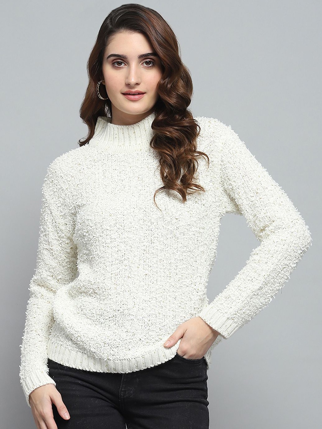 

Monte Carlo Women High Neck Woollen Cardigan, White