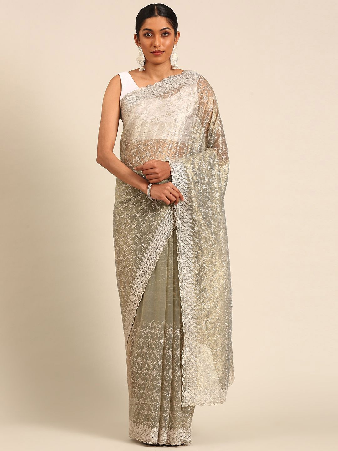 

Panzora Embellished Beads and Stones Net Saree, Pink