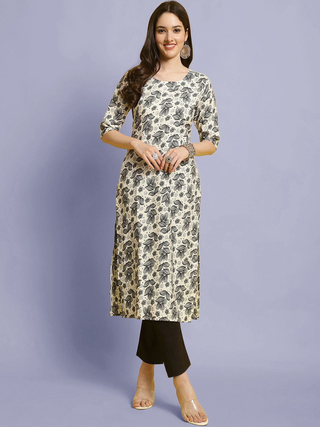 

Moda Rapido Floral Printed Round Neck Straight Kurta With Trousers, Cream