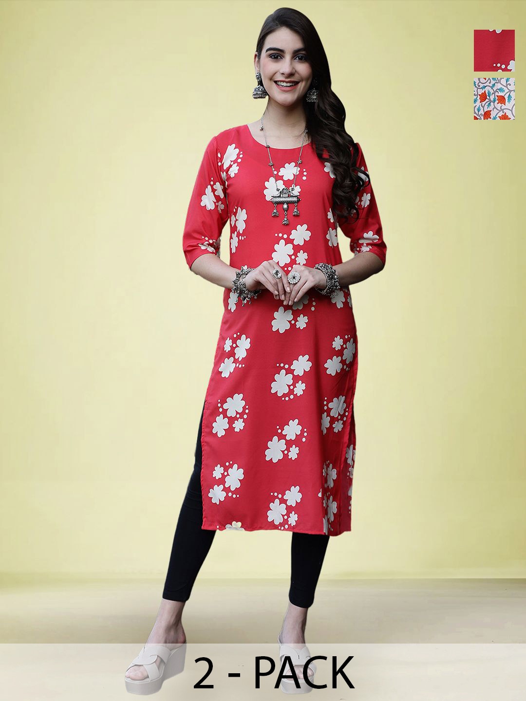 

Moda Rapido Selection Of 2 Floral Printed Round Neck Straight Kurtas, Red