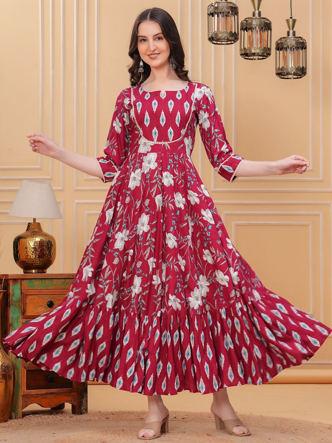 

KIRNYA Floral Printed Tiered Notch Neck Pure Cotton Fit & Flare Ethnic Dress, Maroon